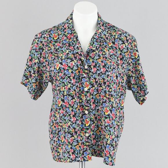 Vintage 80s Short Sleeve Black Floral Blouse Women's Petite Size 10 - Picture 1 of 10